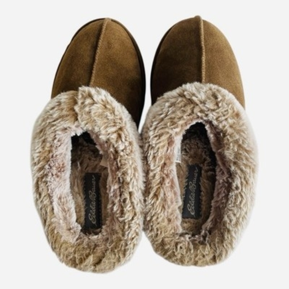 Eddie Bauer Janie Womens Suede Faux Fur Lined Clog Slippers Brown Size 7 - Picture 4 of 8